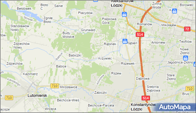 mapa Krzywiec gmina Aleksandrów Łódzki, Krzywiec gmina Aleksandrów Łódzki na mapie Targeo