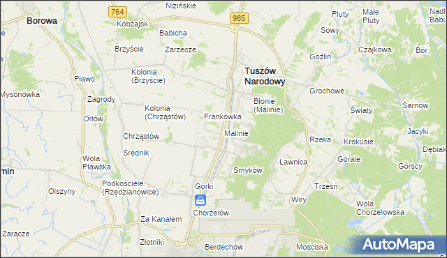 mapa Malinie gmina Tuszów Narodowy, Malinie gmina Tuszów Narodowy na mapie Targeo