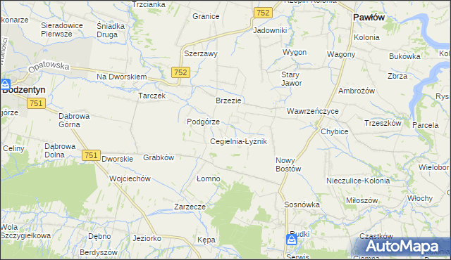 mapa Modrzewie gmina Pawłów, Modrzewie gmina Pawłów na mapie Targeo