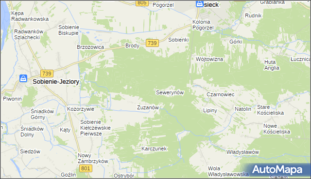 mapa Sewerynów gmina Sobienie-Jeziory, Sewerynów gmina Sobienie-Jeziory na mapie Targeo