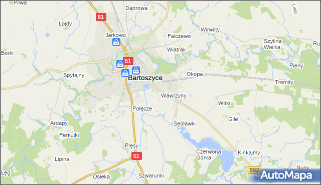 mapa Wawrzyny gmina Bartoszyce, Wawrzyny gmina Bartoszyce na mapie Targeo