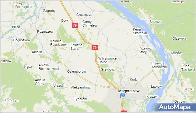mapa Wilczkowice Dolne gmina Magnuszew, Wilczkowice Dolne gmina Magnuszew na mapie Targeo