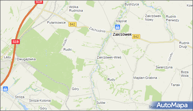 mapa Zakrzówek-Wieś gmina Zakrzówek, Zakrzówek-Wieś gmina Zakrzówek na mapie Targeo