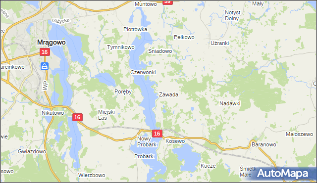 mapa Zawada gmina Mrągowo, Zawada gmina Mrągowo na mapie Targeo