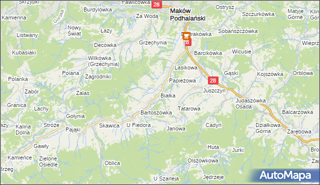 mapa Białka gmina Maków Podhalański, Białka gmina Maków Podhalański na mapie Targeo