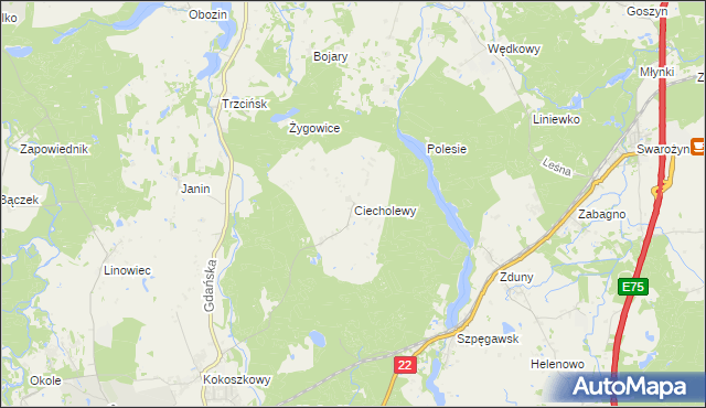 mapa Ciecholewy gmina Starogard Gdański, Ciecholewy gmina Starogard Gdański na mapie Targeo