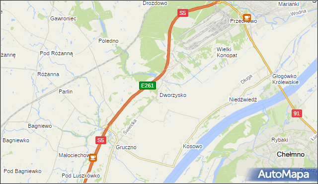 mapa Dworzysko gmina Świecie, Dworzysko gmina Świecie na mapie Targeo