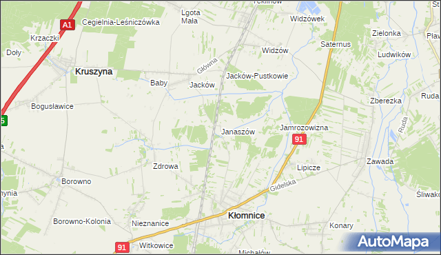 mapa Janaszów gmina Kłomnice, Janaszów gmina Kłomnice na mapie Targeo