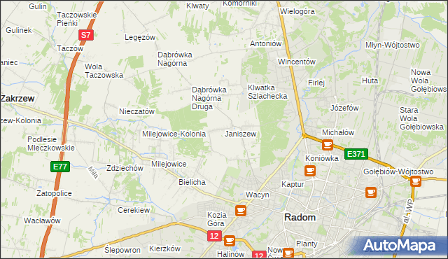 mapa Janiszew gmina Zakrzew, Janiszew gmina Zakrzew na mapie Targeo