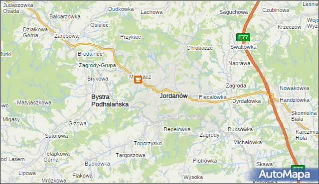 mapa Jordanów powiat suski, Jordanów powiat suski na mapie Targeo