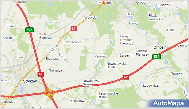 mapa Kalinów gmina Stryków, Kalinów gmina Stryków na mapie Targeo