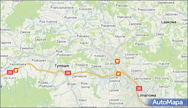 mapa Koszary gmina Limanowa, Koszary gmina Limanowa na mapie Targeo