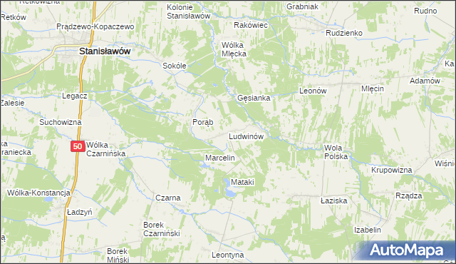 mapa Ludwinów gmina Jakubów, Ludwinów gmina Jakubów na mapie Targeo