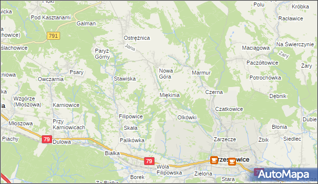 mapa Miękinia gmina Krzeszowice, Miękinia gmina Krzeszowice na mapie Targeo