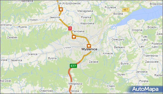 mapa Myślenice, Myślenice na mapie Targeo