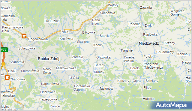 mapa Olszówka gmina Mszana Dolna, Olszówka gmina Mszana Dolna na mapie Targeo