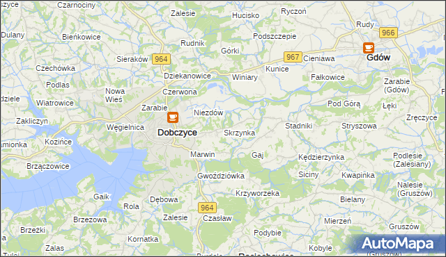 mapa Skrzynka gmina Dobczyce, Skrzynka gmina Dobczyce na mapie Targeo