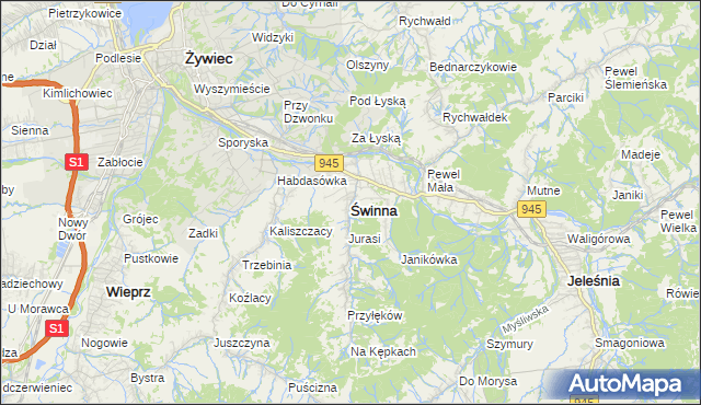 mapa Świnna powiat żywiecki, Świnna powiat żywiecki na mapie Targeo