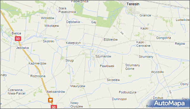 mapa Szymanów gmina Teresin, Szymanów gmina Teresin na mapie Targeo