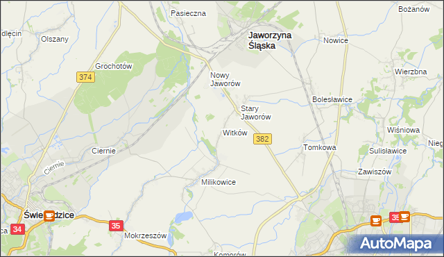 mapa Witków gmina Jaworzyna Śląska, Witków gmina Jaworzyna Śląska na mapie Targeo