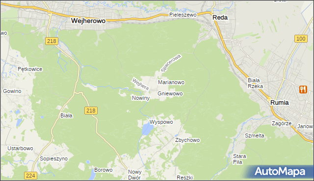 mapa Gniewowo gmina Wejherowo, Gniewowo gmina Wejherowo na mapie Targeo