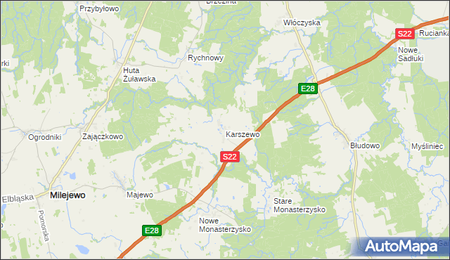 mapa Karszewo gmina Młynary, Karszewo gmina Młynary na mapie Targeo