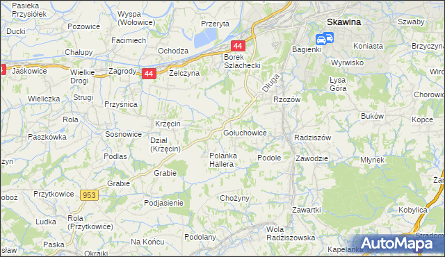 mapa Gołuchowice gmina Skawina, Gołuchowice gmina Skawina na mapie Targeo