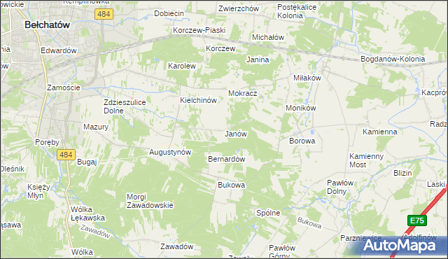 mapa Janów gmina Bełchatów, Janów gmina Bełchatów na mapie Targeo