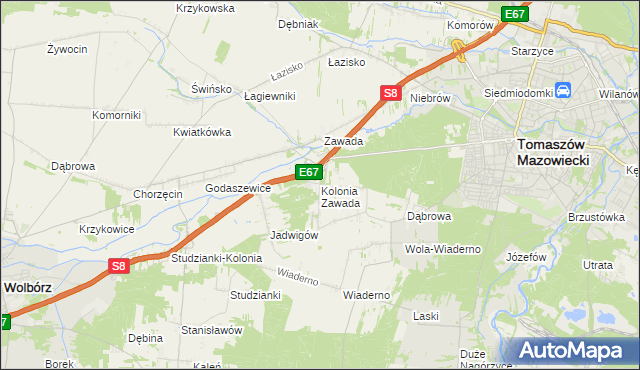 mapa Kolonia Zawada gmina Tomaszów Mazowiecki, Kolonia Zawada gmina Tomaszów Mazowiecki na mapie Targeo