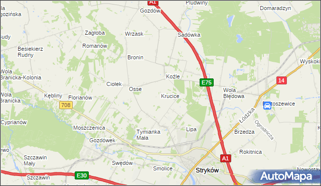 mapa Krucice gmina Stryków, Krucice gmina Stryków na mapie Targeo