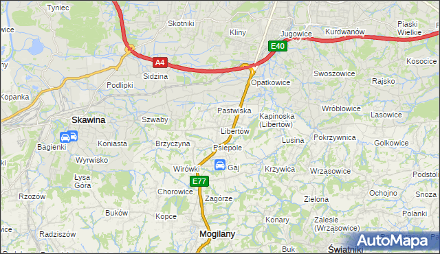 mapa Libertów gmina Mogilany, Libertów gmina Mogilany na mapie Targeo