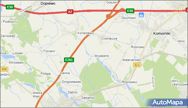 mapa Wypalanki gmina Komorniki, Wypalanki gmina Komorniki na mapie Targeo