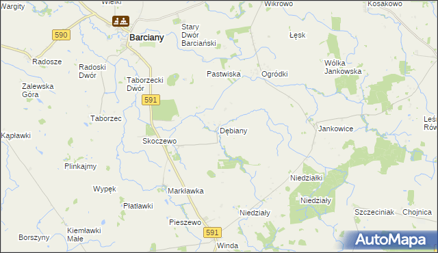 mapa Dębiany gmina Barciany, Dębiany gmina Barciany na mapie Targeo