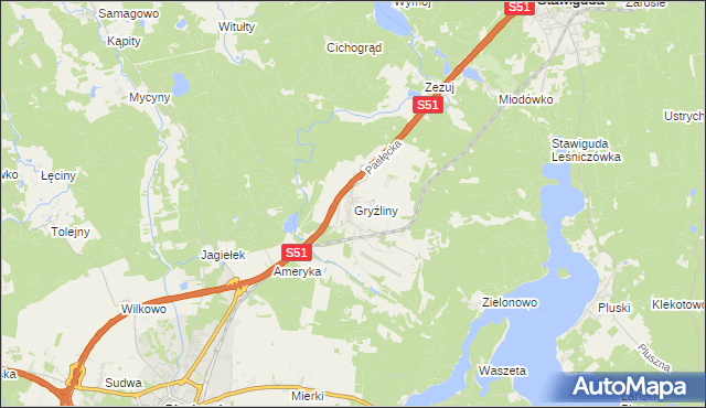 mapa Gryźliny gmina Stawiguda, Gryźliny gmina Stawiguda na mapie Targeo