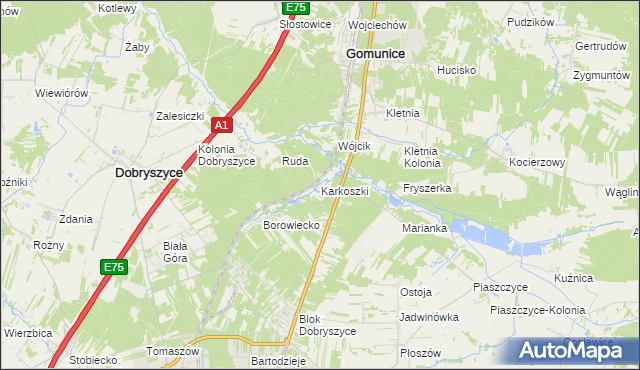 mapa Karkoszki gmina Gomunice, Karkoszki gmina Gomunice na mapie Targeo