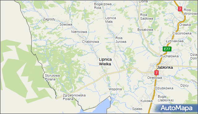 mapa Lipnica Wielka powiat nowotarski, Lipnica Wielka powiat nowotarski na mapie Targeo