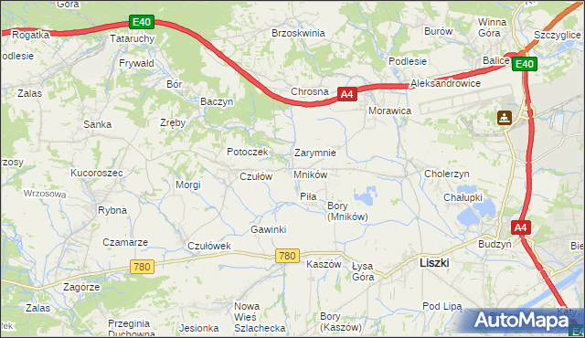 mapa Mników gmina Liszki, Mników gmina Liszki na mapie Targeo