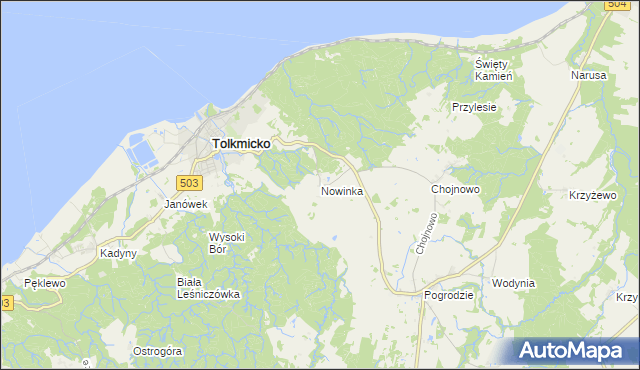 mapa Nowinka gmina Tolkmicko, Nowinka gmina Tolkmicko na mapie Targeo