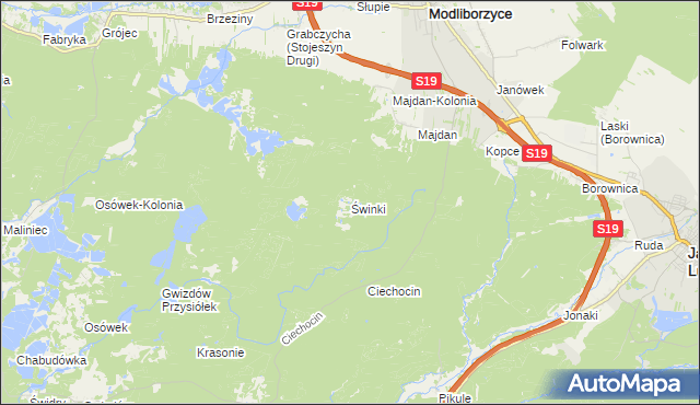 mapa Świnki gmina Modliborzyce, Świnki gmina Modliborzyce na mapie Targeo