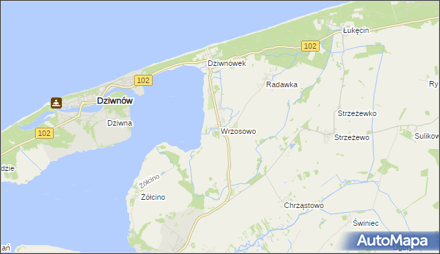 mapa Wrzosowo gmina Kamień Pomorski, Wrzosowo gmina Kamień Pomorski na mapie Targeo