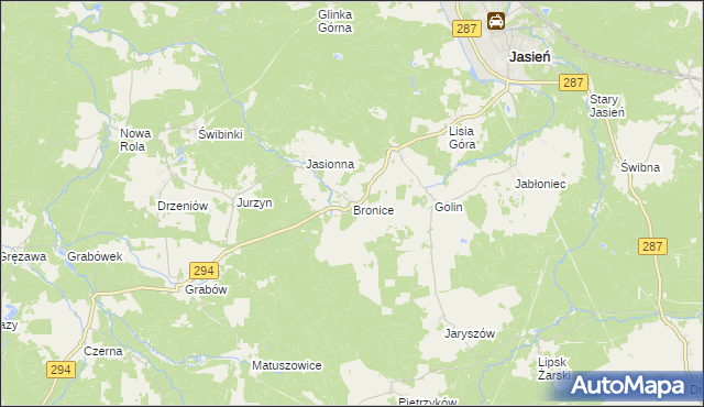mapa Bronice gmina Jasień, Bronice gmina Jasień na mapie Targeo