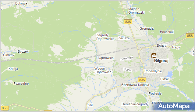 mapa Dąbrowica gmina Biłgoraj, Dąbrowica gmina Biłgoraj na mapie Targeo