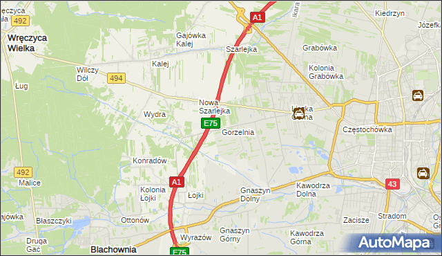 mapa Gorzelnia gmina Blachownia, Gorzelnia gmina Blachownia na mapie Targeo