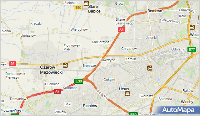 mapa Jawczyce gmina Ożarów Mazowiecki, Jawczyce gmina Ożarów Mazowiecki na mapie Targeo