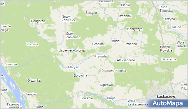 mapa Krzywda gmina Łaskarzew, Krzywda gmina Łaskarzew na mapie Targeo