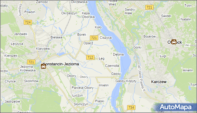 mapa Łęg gmina Konstancin-Jeziorna, Łęg gmina Konstancin-Jeziorna na mapie Targeo