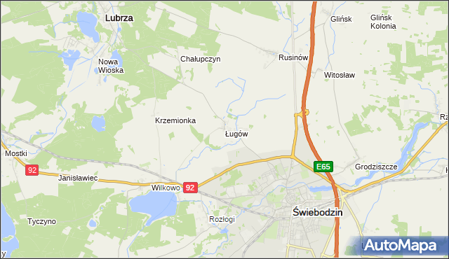 mapa Ługów gmina Świebodzin, Ługów gmina Świebodzin na mapie Targeo