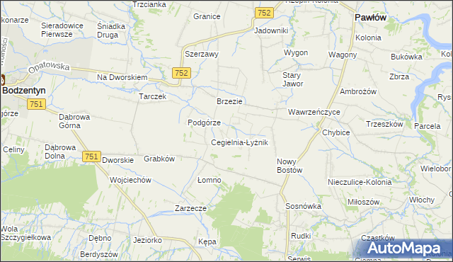 mapa Modrzewie gmina Pawłów, Modrzewie gmina Pawłów na mapie Targeo