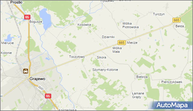 mapa Sikora gmina Grajewo, Sikora gmina Grajewo na mapie Targeo