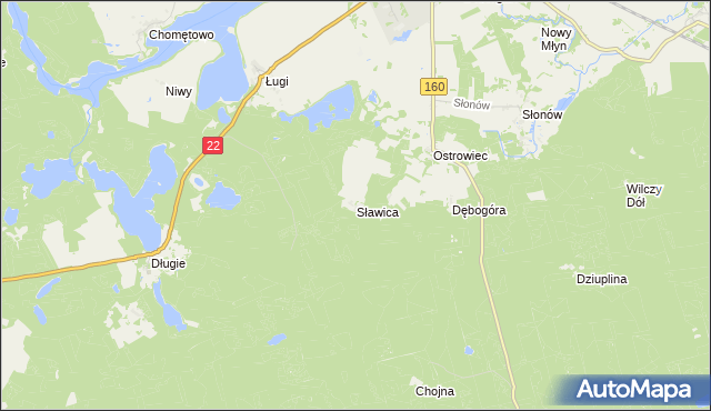 mapa Sławica gmina Dobiegniew, Sławica gmina Dobiegniew na mapie Targeo